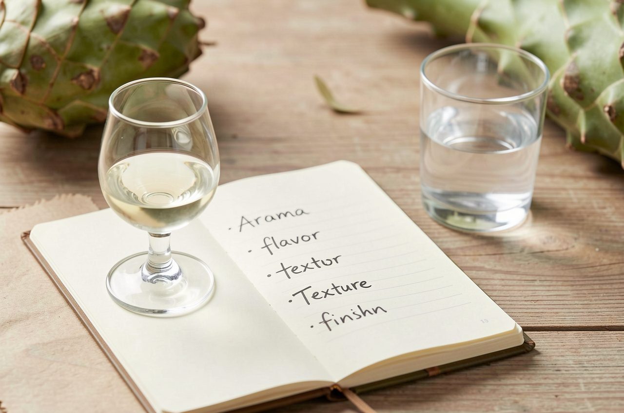 Sipping tequila from a copita with a tasting notebook for evaluating aroma, flavor, texture, and finish