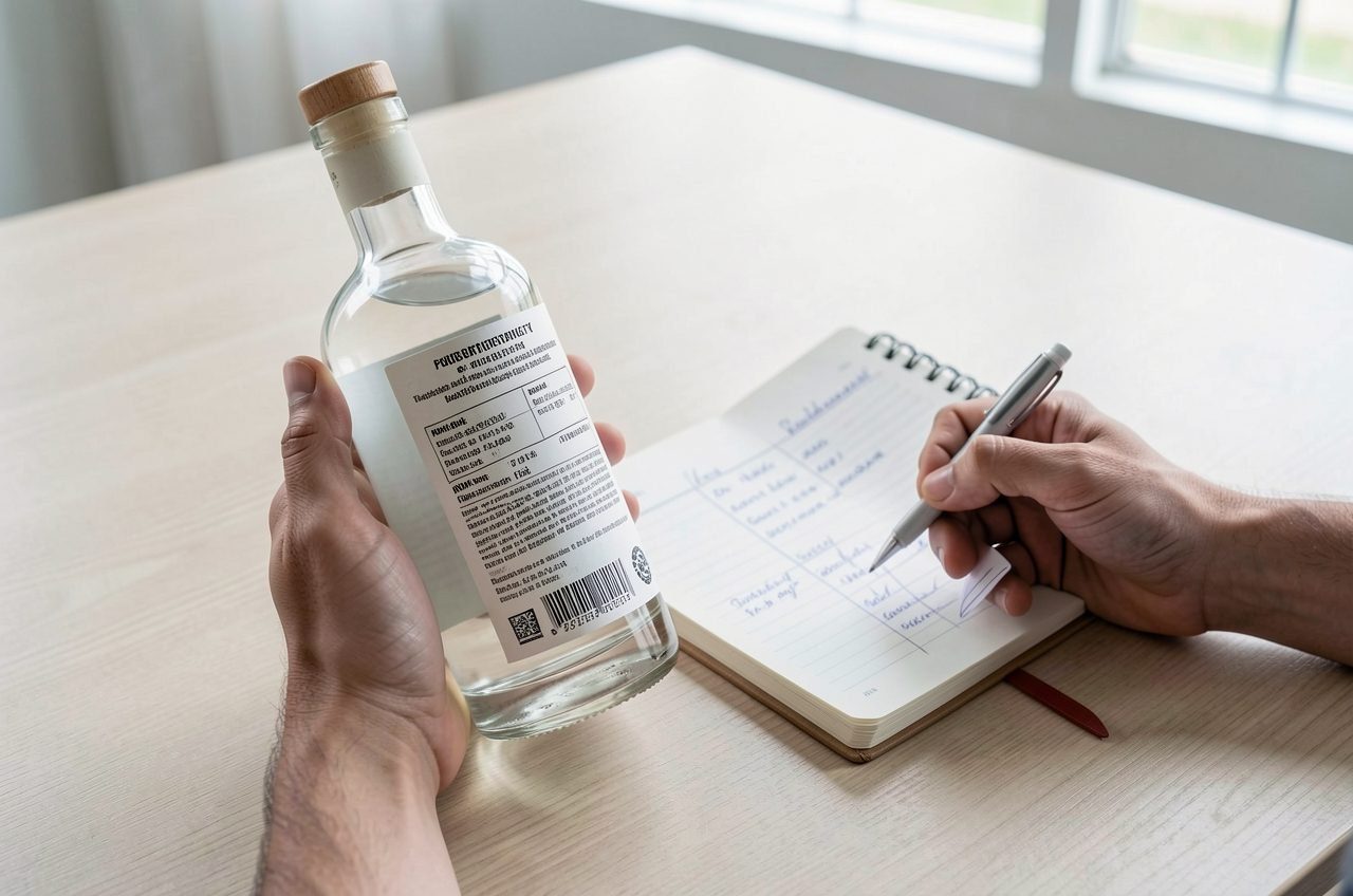 Consumer checking a tequila label and NOM producer information as part of an authenticity verification process